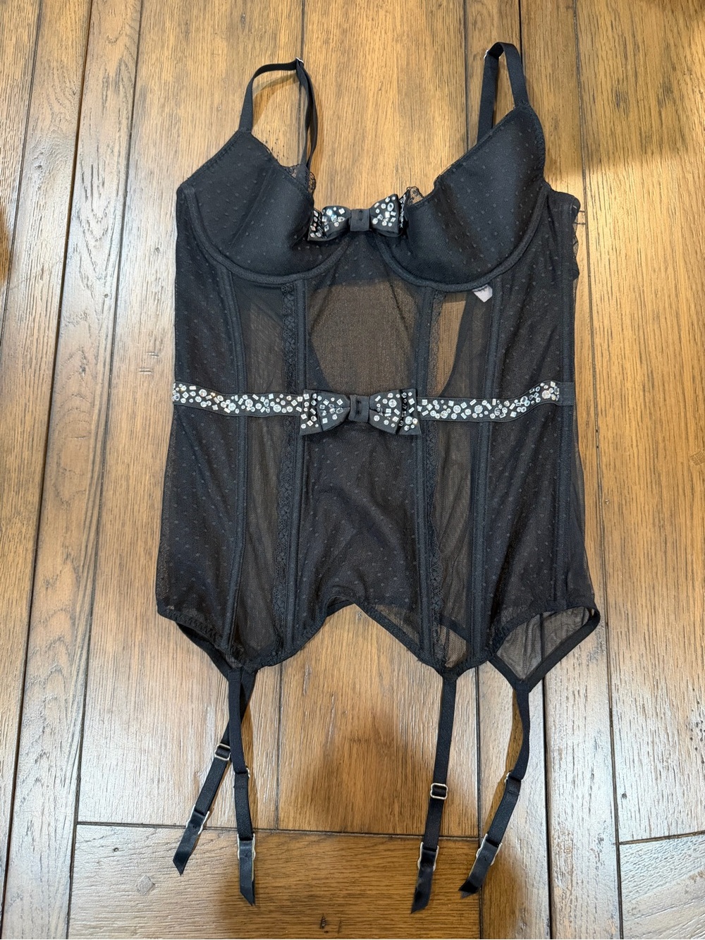 Victoria's Secret Black Sheer Rhinestone Bow Bustier with Garter Straps